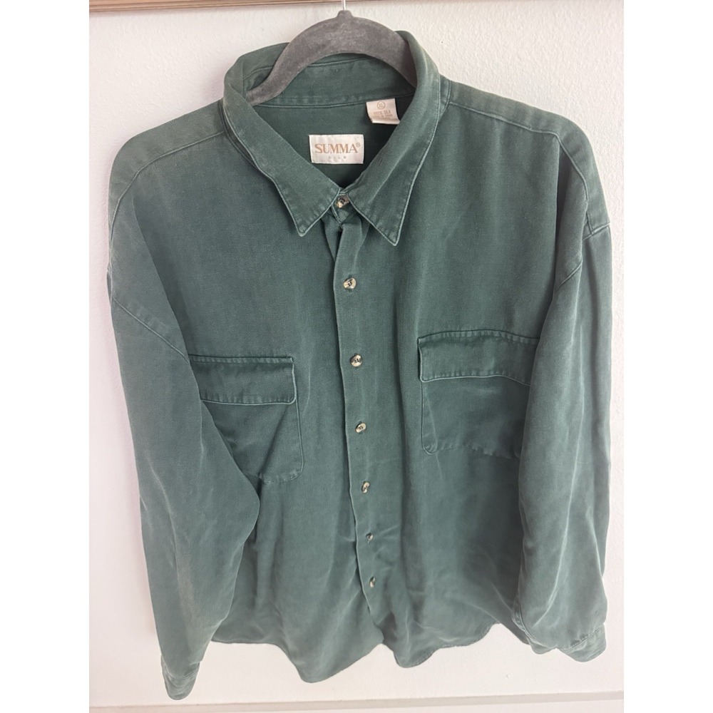 Summa Silk Men's XL Green 100% Silk Button Up Shirt Long Sleeve Pockets - Picture 2 of 9
